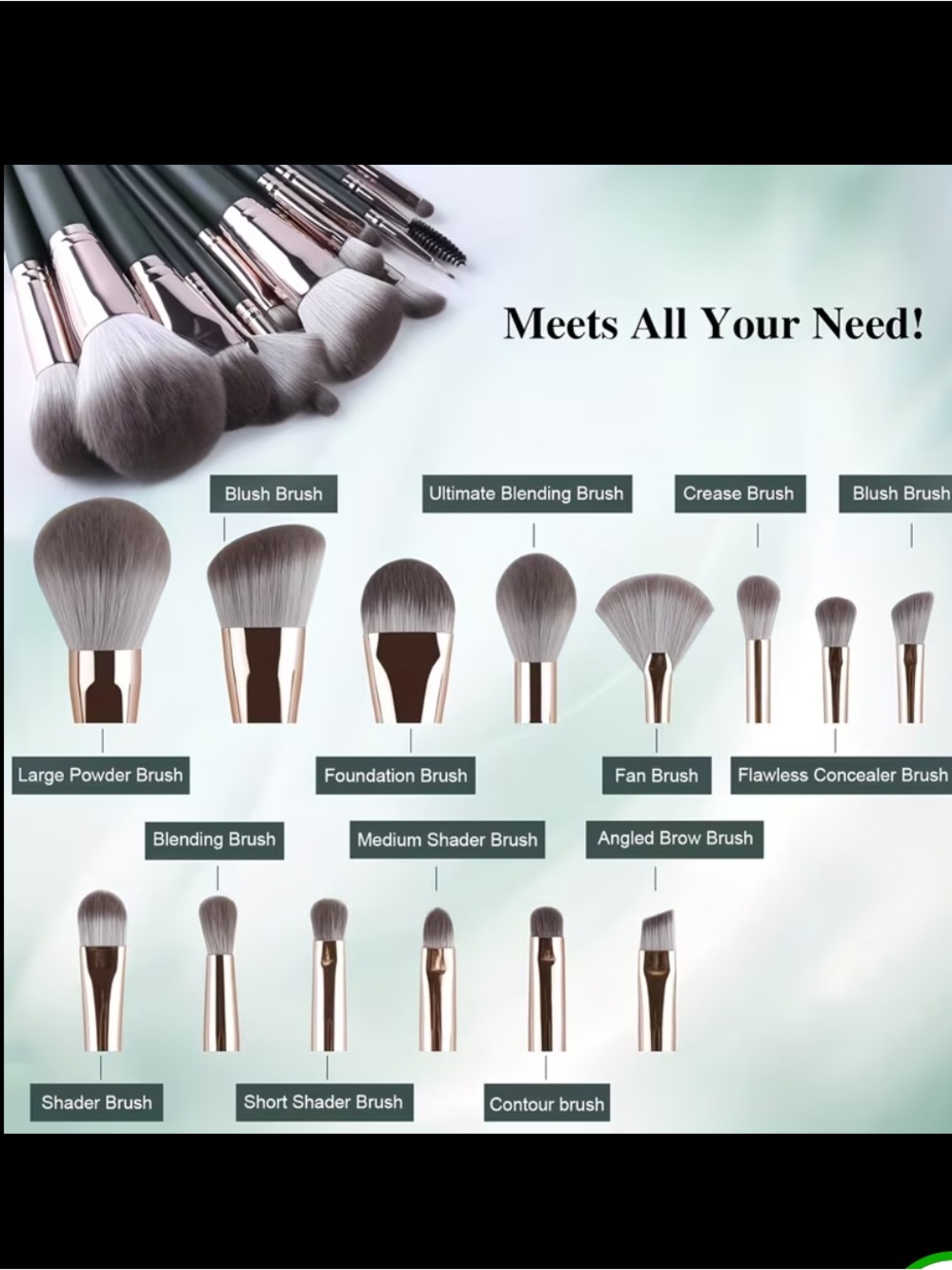 14 Piece NIP Green Makeup Brush Set with Powder Applicators - Picture 7 of 7